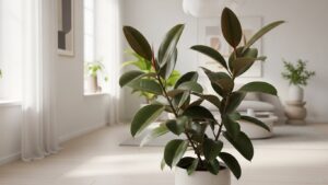 Rubber plant in a bright, modern living room with bold foliage.