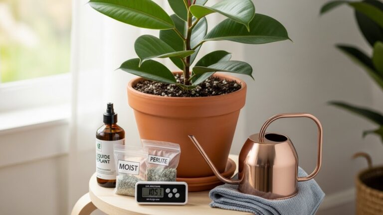 Healthy rubber plant in pot with watering can, soil, and moisture meter
