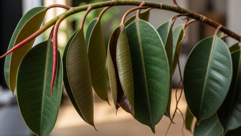 Drooping rubber plant leaves indicating potential care issues
