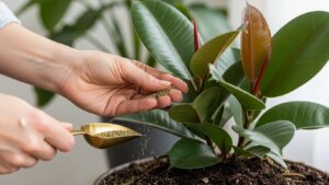 Hand applying granular fertilizer to a potted rubber plant.