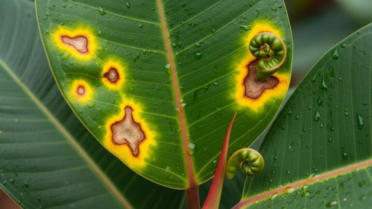 Rubber plant leaf with yellow and brown spots indicating possible disease