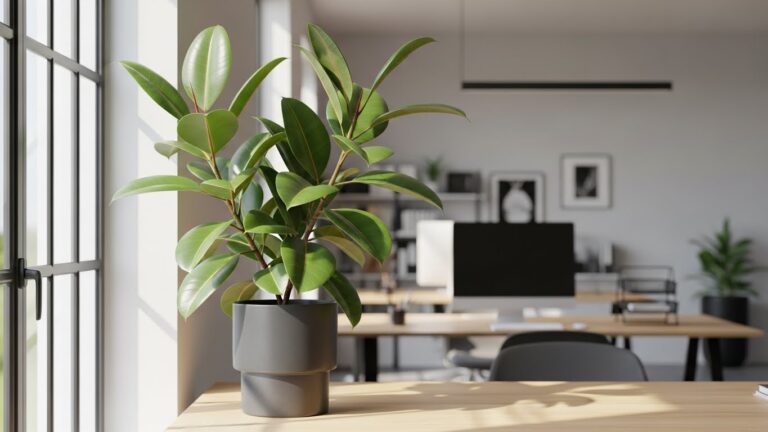 Rubber plant in office setting with natural light