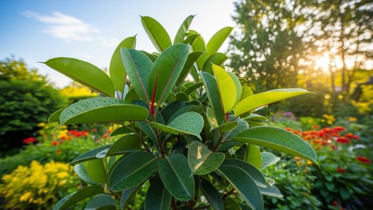 Vibrant rubber plant outdoors with sunlight and garden background
