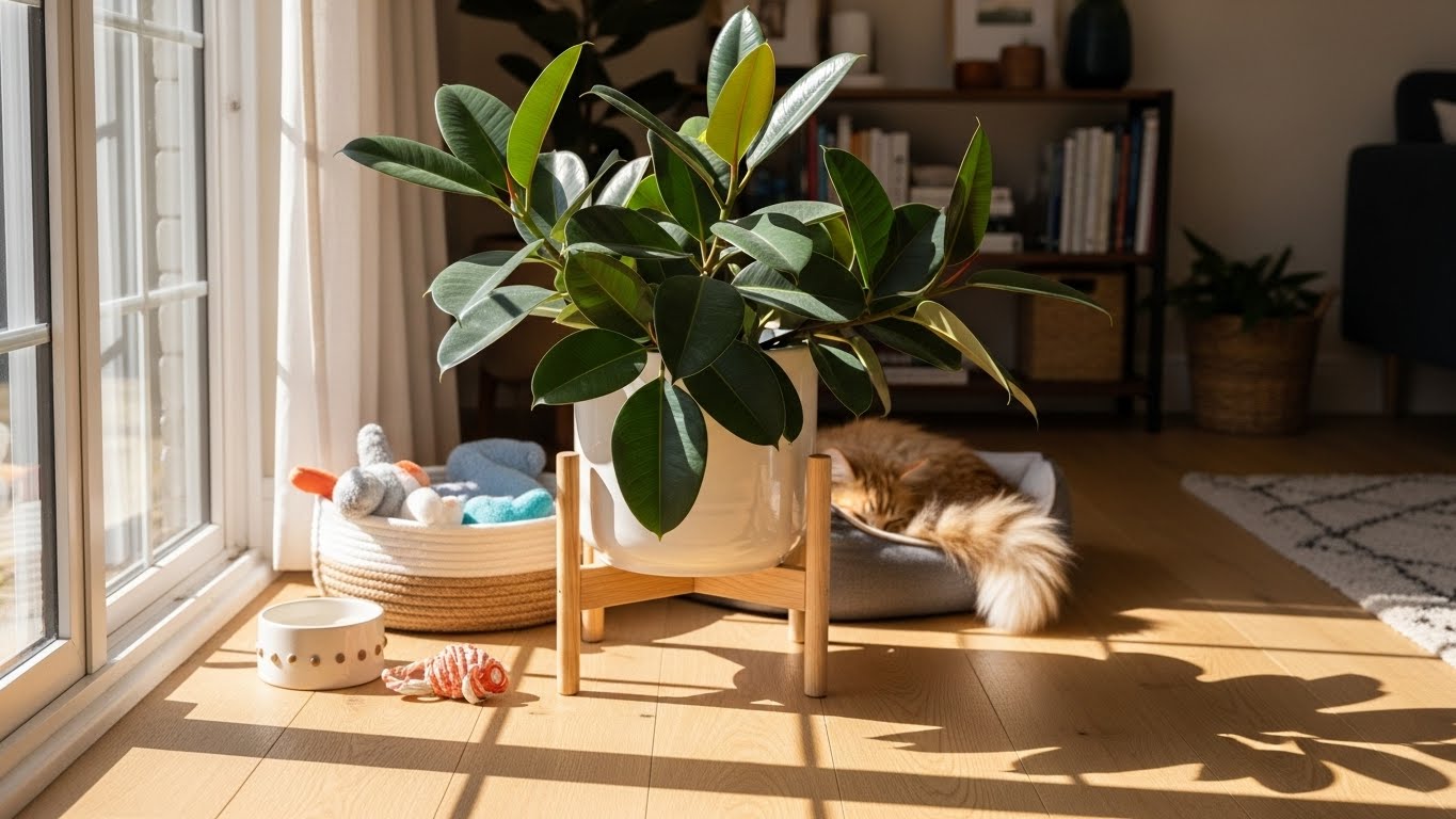 Rubber plant in sunlight near pet toys and a cat bed