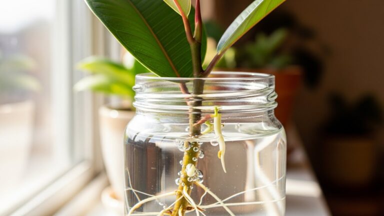 Rubber plant cutting rooting in water jar near sunny window