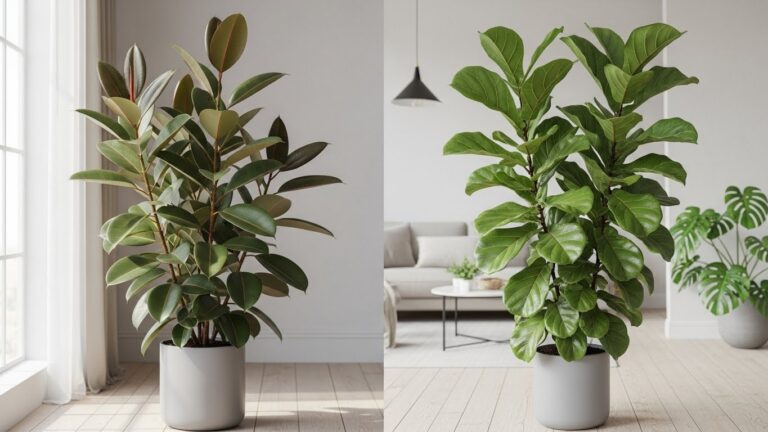 Side by side comparison of rubber plant and fiddle leaf fig in modern living room.