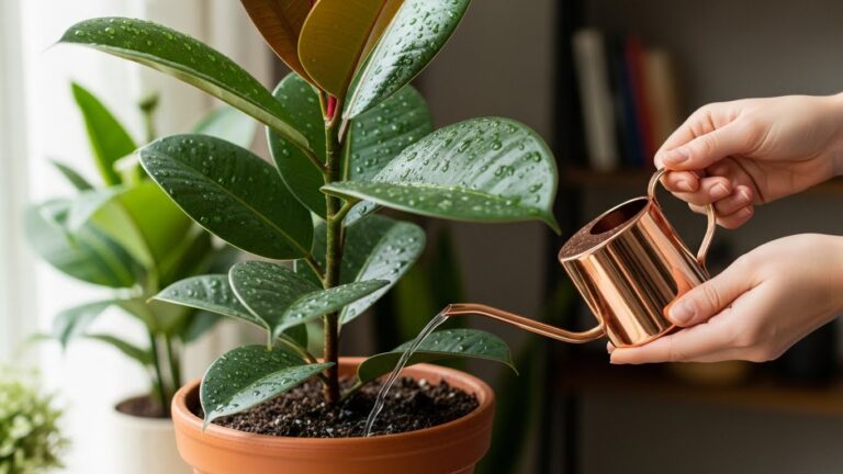 Watering a rubber plant with a copper watering can indoors
