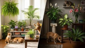 Pets with safe and toxic plants including ferns, lilies, and peace lilies.