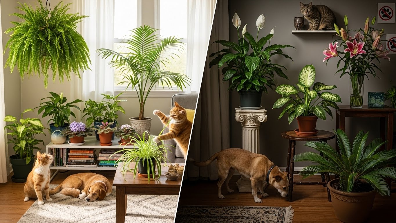 Pets with safe and toxic plants including ferns, lilies, and peace lilies.