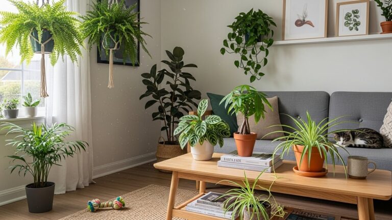 Pet-friendly home with various indoor plants and a cat on a sofa.