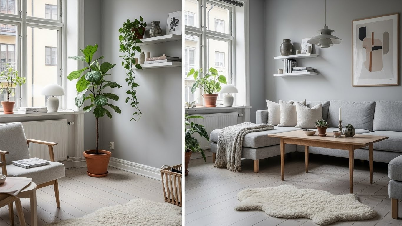 Scandinavian home decor with indoor plants in stylish living room setting