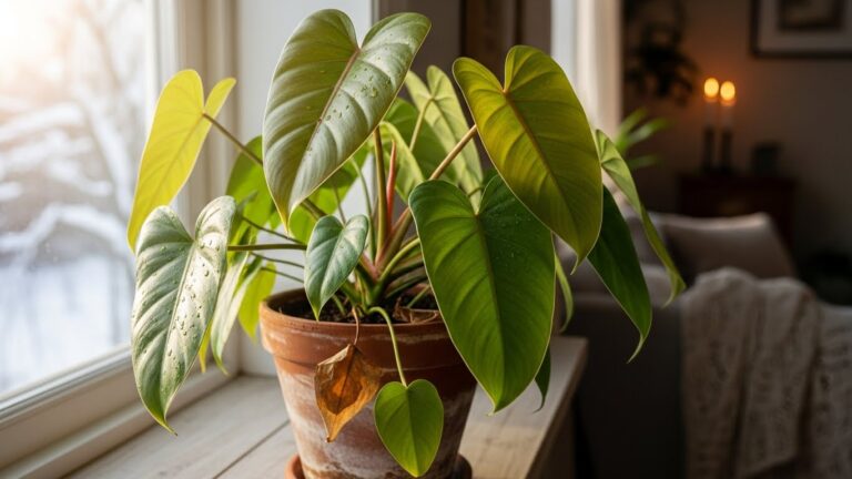 Philodendron in terracotta pot on windowsill during winter in cold states