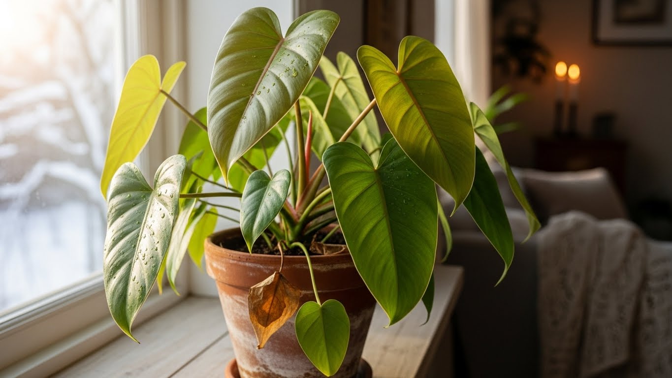 Philodendron in terracotta pot on windowsill during winter in cold states