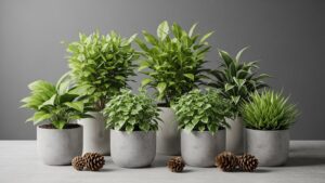 Variety of indoor plants in pots with pine cones, perfect for seasonal decor