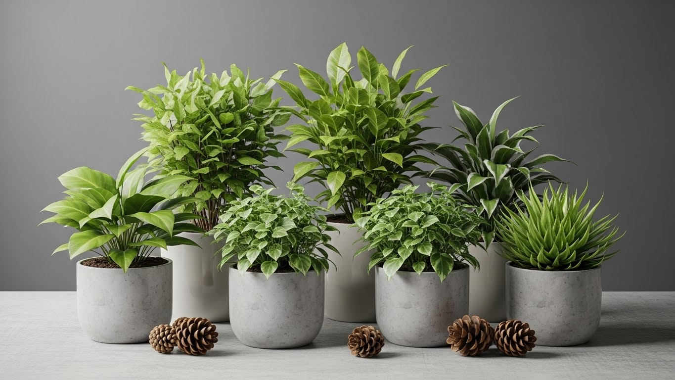 Variety of indoor plants in pots with pine cones, perfect for seasonal decor