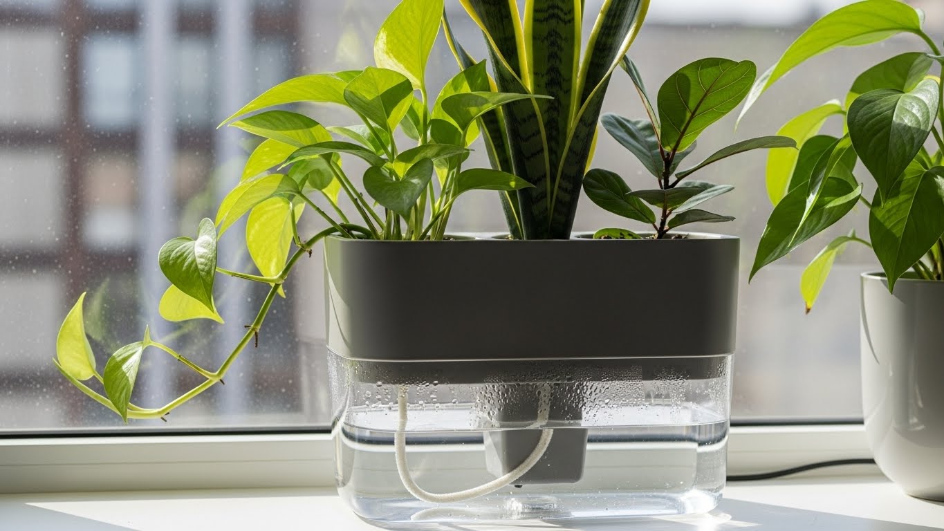 Self-watering pot with green plants on a windowsill