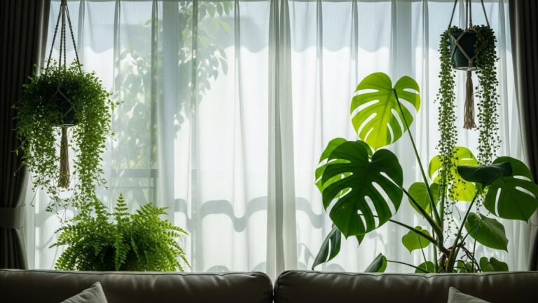Indoor plants thriving in filtered sunlight by a sheer curtained window