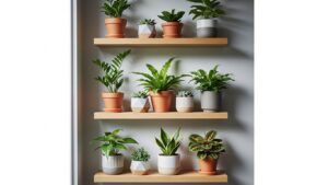 Shelf-ready indoor plants in pots on wooden shelves, perfect for minimal spaces.