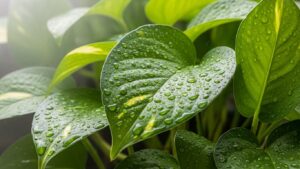 Close-up of misted Pothos leaves with water droplets, illustrating humidity care tips.