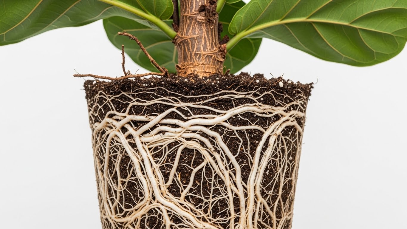 Root-bound fiddle leaf fig plant needing repotting.