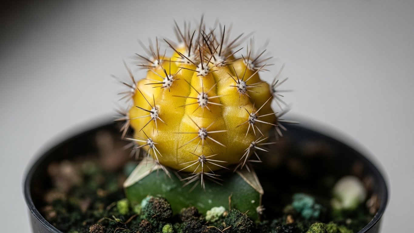 Close-up of a yellow cactus displaying signs of overwatering in a small indoor pot.