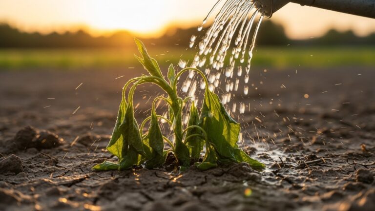 Wilting plant being watered in a dry field at sunset