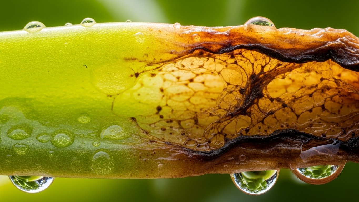 Close-up of overwatered succulent leaf showing brown rot and water droplets.