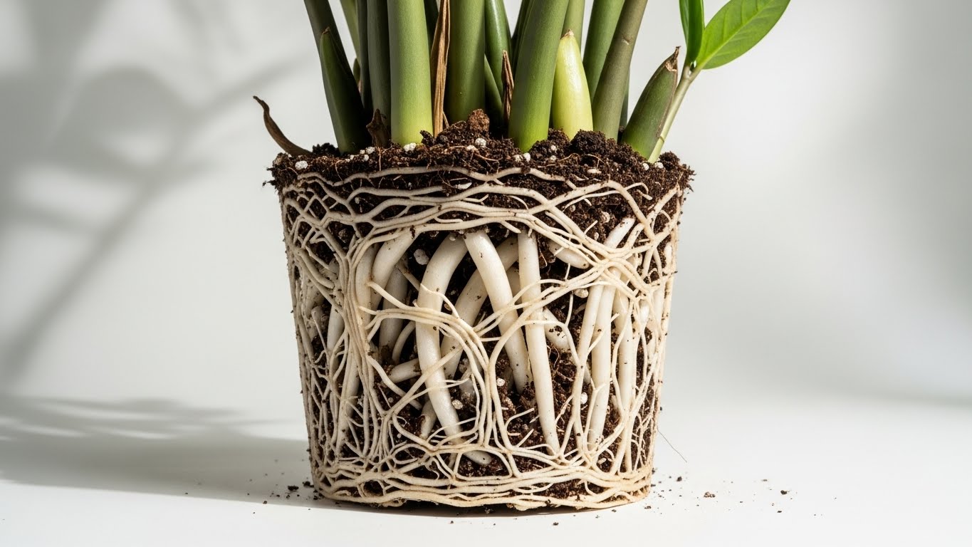 ZZ plant with visible rootbound roots in a pot, signs of being rootbound