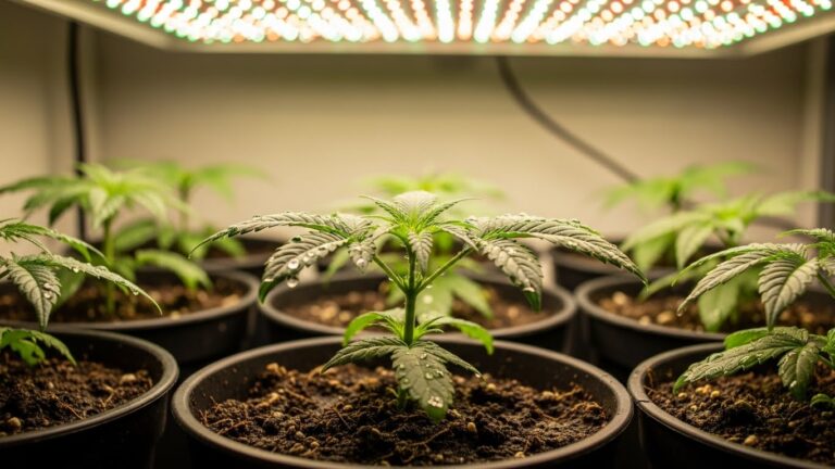 Indoor plants under LED grow lights in a home gardening setup