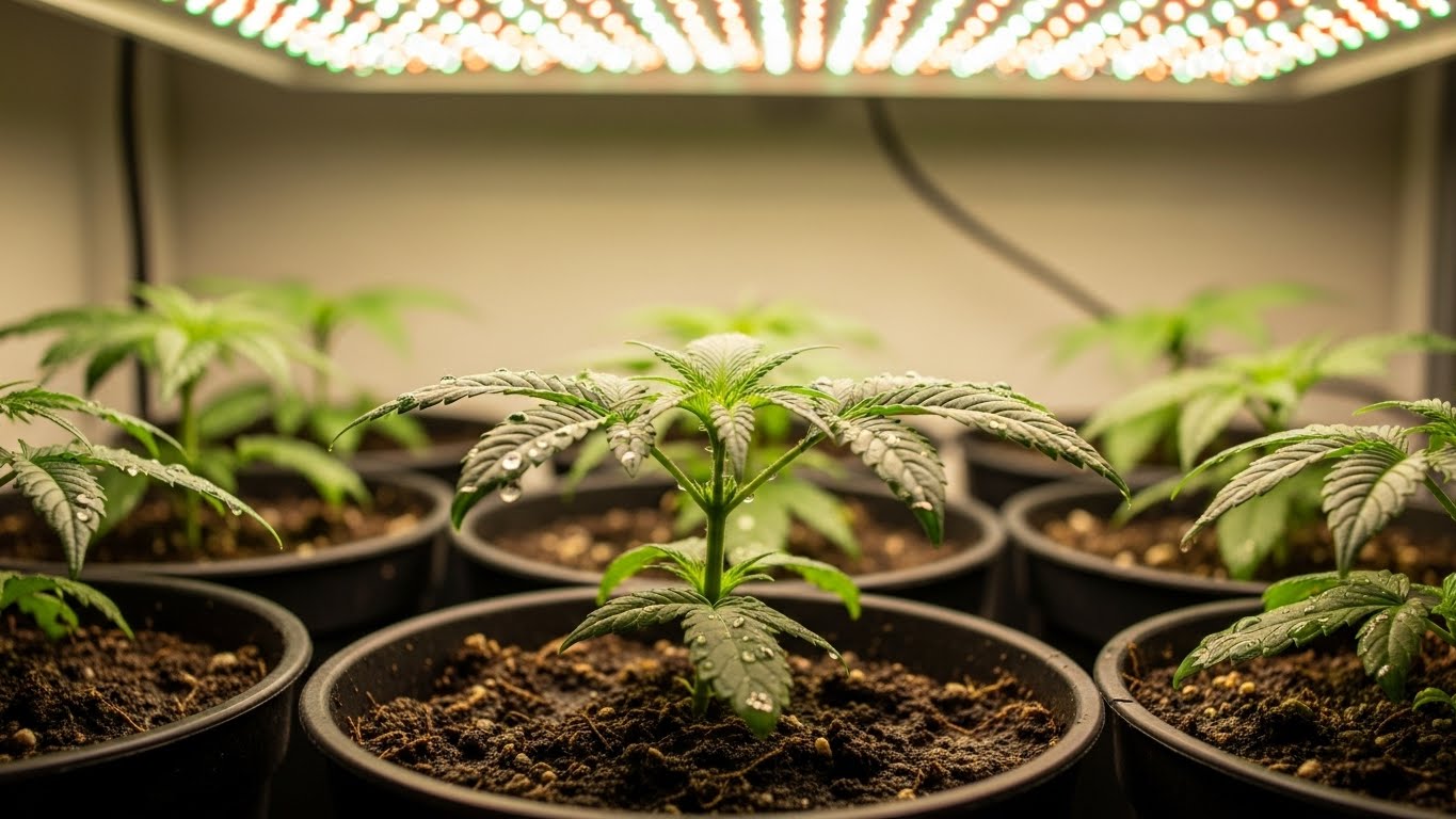 Indoor plants under LED grow lights in a home gardening setup