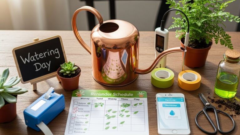 Watering reminders with planner, plants, and tools on a table.