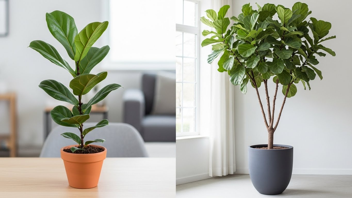 Small fiddle leaf fig and tree form fiddle leaf fig side by side in indoor settings