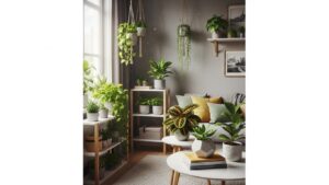 Small indoor plants in an apartment living room by a window