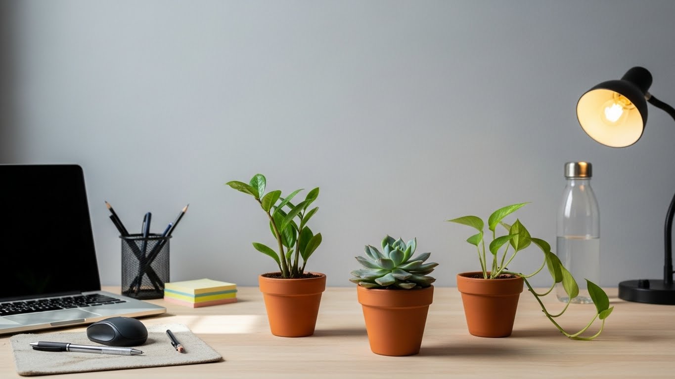 Affordable small office plants in terracotta pots on a desk under $20