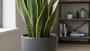 Vibrant snake plant in a modern pot near a window in an apartment setting