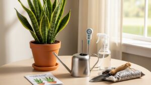 Snake plant care essentials on a table with guide, watering can, and tools.