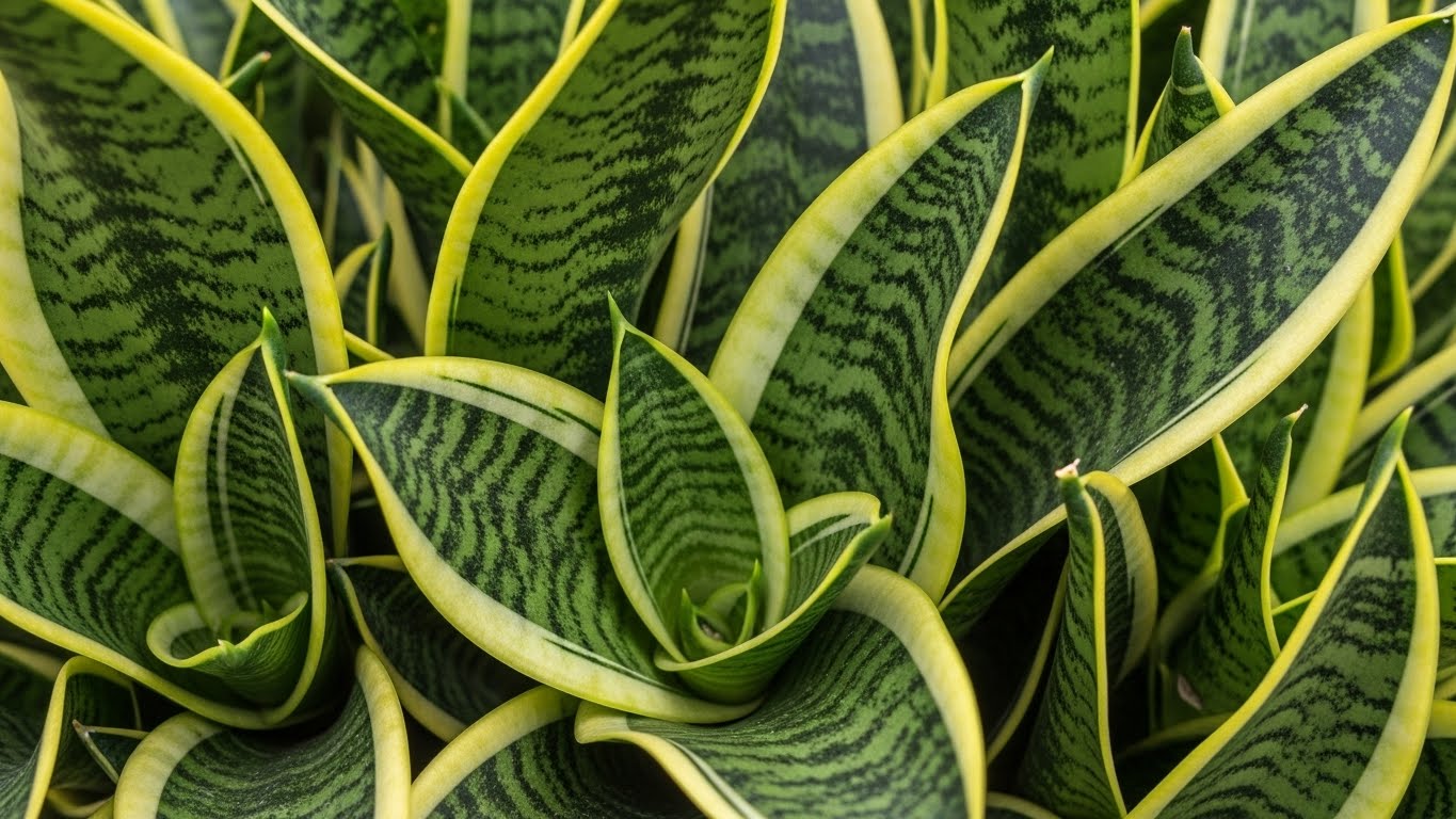 Close-up of snake plant leaves showing curling patterns and vibrant green color