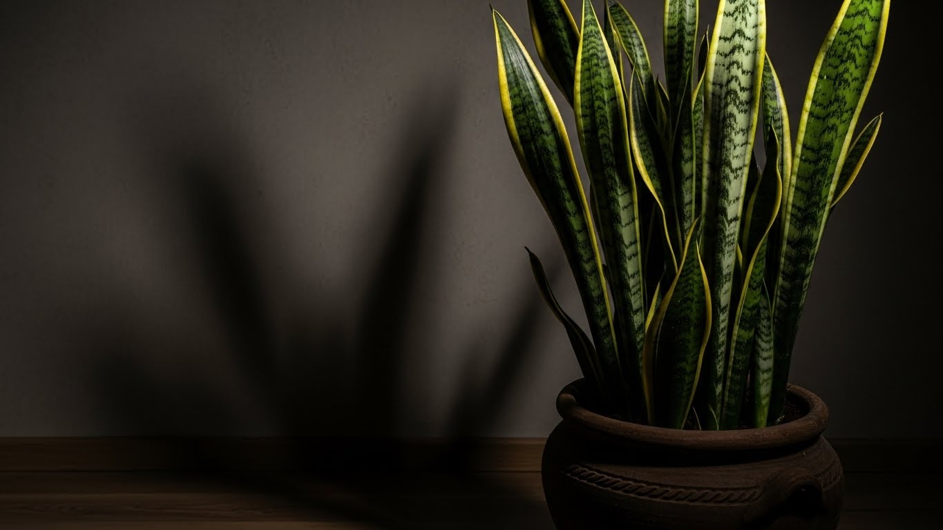 Snake plant in dim light emphasizing its low-light friendly nature