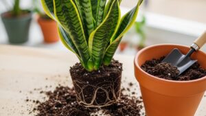 Snake plant ready for repotting with roots exposed and clay pot nearby