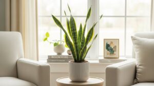 Snake plant in a modern living room setting with neutral decor