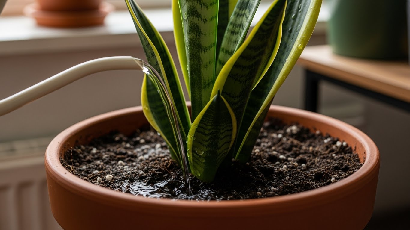 Watering a snake plant in a terracotta pot indoors