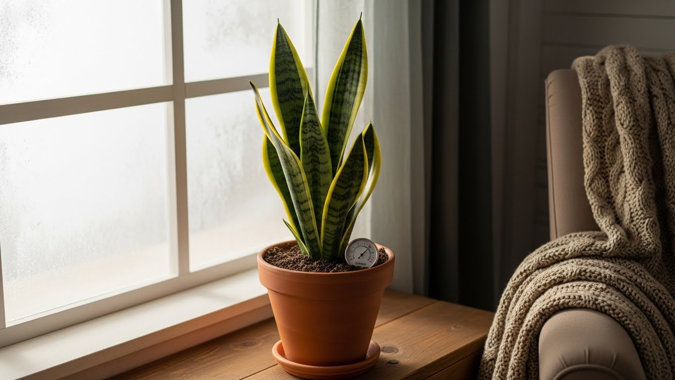 Snake plant in terracotta pot by window, preventing root rot winter care