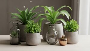 Stylish indoor plants in minimalist gray pots on a table