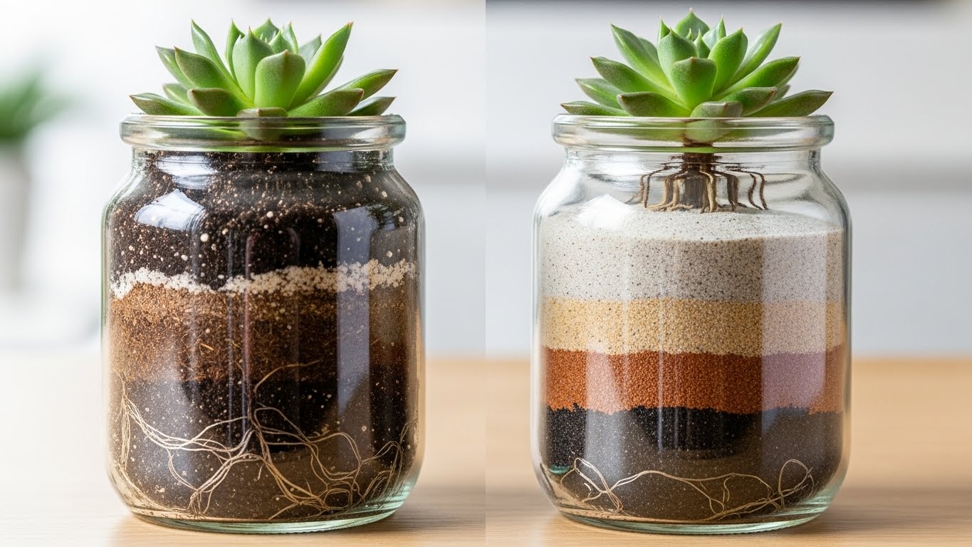 Comparing soil and sand layers for indoor succulents in clear jars