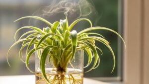 Spider plant in water purifying air with visible steam, ideal for indoor gardening.