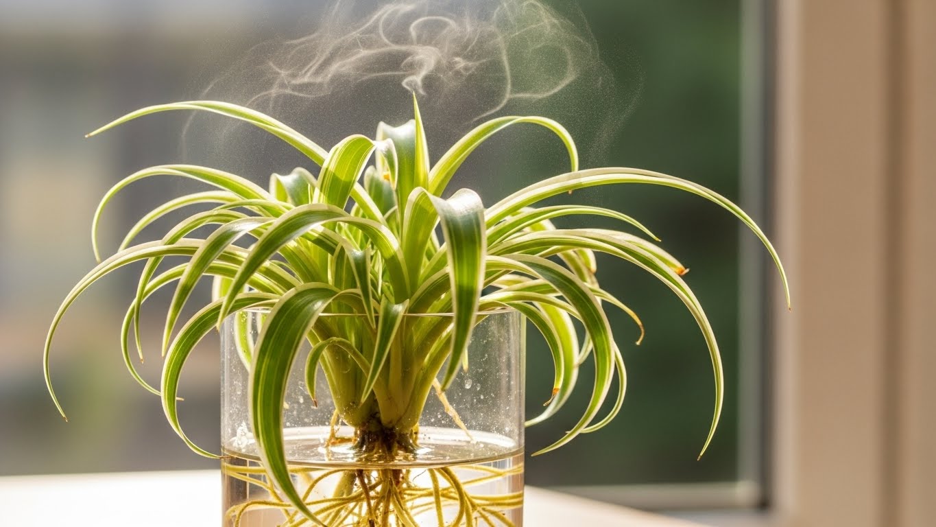 Spider plant in water purifying air with visible steam, ideal for indoor gardening.
