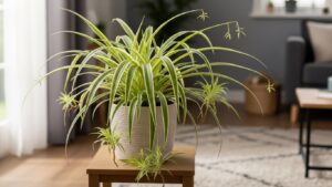 Healthy spider plant with long green leaves in a modern living room.