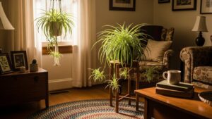 Stylish spider plants enhancing a cozy living room ambiance with natural light