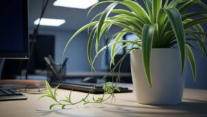 Spider plant in a bright office, highlighting mealybug and gnat management.