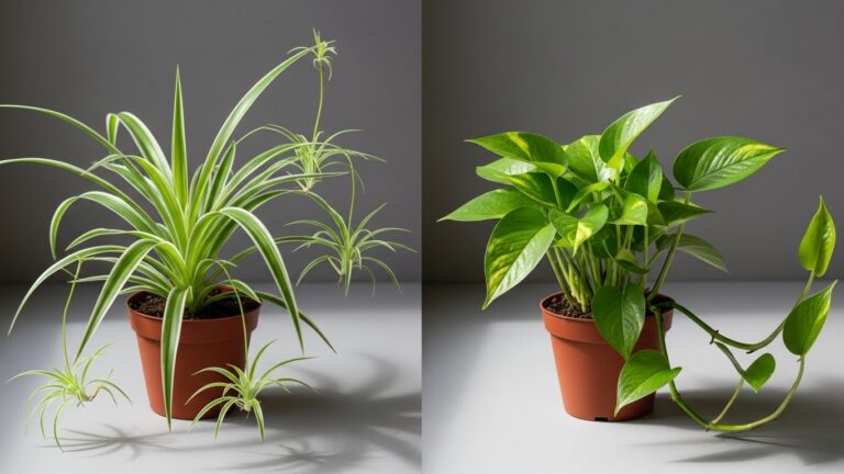 Comparison of spider plant and pothos in terracotta pots on a gray background.